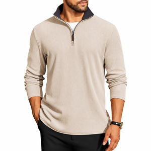 Pull tricoté en fibre de bambou beige pour homme, col zippé, couleur unie, décontracté, pour l'automne, à manches longues, côtelé, avec logo frontal - Product Image 1