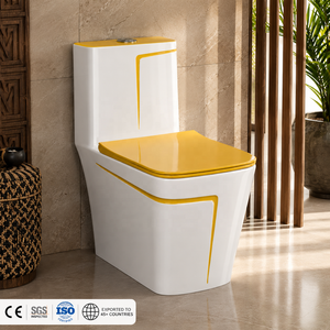 โถสุขภัณฑ์แบบชิ้นเดียว สีขาวเงา แถบสีเหลือง ฝารูปทรงสี่เหลี่ยม ระบบชำระล้างแบบ Washdown ติดตั้งบนพื้น - Product Image 3