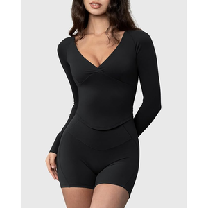 Women Seamless <b>Black</b> <b>Long</b> <b>Sleeve</b> Deep V Neck <b>Bodysuit</b> Solid Color Full <b>Sleeve</b> Activewear Skinny Fit Yoga Top - Product Image 3