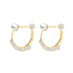 Geometric Gold Plated Hoop Earrings with Pearl and Diamond Accents - Product Image 1