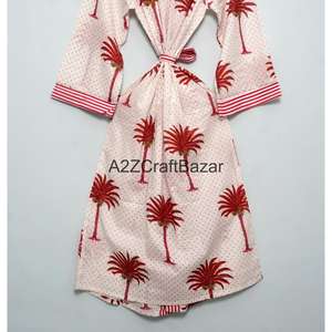 Bata Kimono de Algodón con Estampado Floral para Mujer, Cuello en V, Largo Completo, Mangas Tres Cuartos, Cierre con Cordón Delantero, Suave y Transpirable - Product Image 5