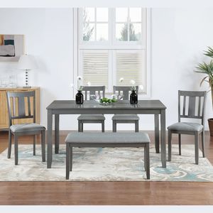 Juego de Comedor de 6 Piezas, Mesa Rectangular de Madera con 4 Sillas Tapizadas y Banco para 6 Personas, Elegante Juego de Comedor - Product Image 2