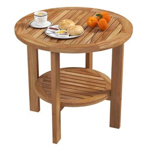 Table d'appoint ronde en teck pour extérieur avec étagère de rangement à lattes, table d'appoint de patio - Product Image 3