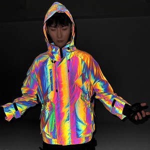 <b>Men's</b> Hooded Reflective Windbreaker <b>Jacket</b> Gradient Color PU Coated Streetwear Zipper Closure <b>Lightweight</b> Autumn Wear - Product Image 1
