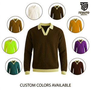 เสื้อโปโลถักแขนยาวผู้ชายสั่งทำขายส่ง สีแดงเลือดหมู แต่งขอบตัดกัน เสื้อโปโลคอวีลำลอง ผู้ผลิต OEM - Product Image 4