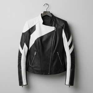 Blouson moto homme en cuir PU noir et blanc, coupe ajustée, col rabattable, fermeture éclair, style hiver - Product Image 4