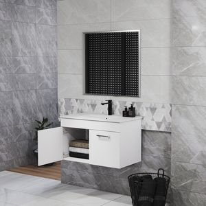 Mobile Bagno Sospeso da 32 Pollici con Lavabo e Specchio, Doppia Anta, Telaio in Alluminio Argento - Serie C-Bathroom - Product Image 2