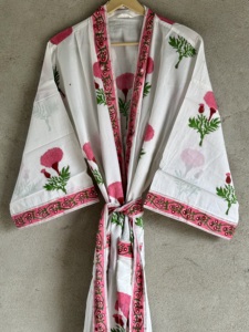 Kimono Ecológico de Verano con Estampado Floral, Cuello en V, Tejido a Mano, Estilo Kaftan de Algodón, con Cinturón, Largo Completo para Mujer - Product Image 1
