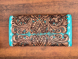 Offre Spéciale Western Fashion Hand-Tooled Turquoise Portefeuille Haute Qualité Sculpture En Cuir Véritable Buck Stitch Portefeuille Unique Pour Les Femmes - Product Image 4