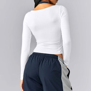 Venta de Fábrica: Camiseta Deportiva de Yoga para Mujer, Cuello Ancho, Corte Recortado, Manga Larga, Material Acanalado, Alta Elasticidad, para Verano - Product Image 5