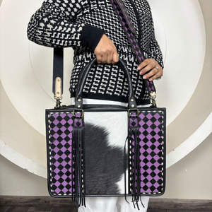 Bolso Tote de Cuero a Cuadros de Gran Capacidad y Cartera de Mano de Cuero Repujado a Mano, Conjunto de 2 Piezas a Juego, Colección March Expo - Product Image 4