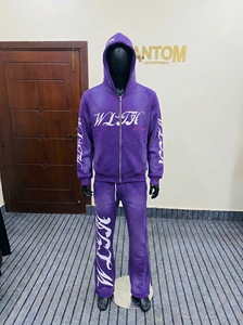 Conjunto de Sudadera con Capucha y Pantalones Deportivos de Felpa Gruesa con Lavado Ácido Morado Personalizado, Traje Deportivo con Estampado Gráfico para Hombre - Product Image 4