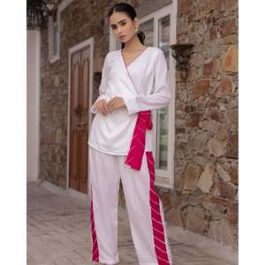 Women's Wels XS Size White Leheriya Stripe Woven <b>Cord</b> 2-Piece Long Sleeve Lounge Wear Soft - Product Image 6