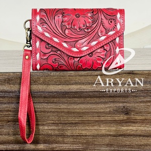 New Arrival 2026 Genuine Cow Leather Tooled Floral <b>Wristlet</b> Mini Wallet for Women Western Clutch Card Holder RFID Travel Wallet - Product Image 1