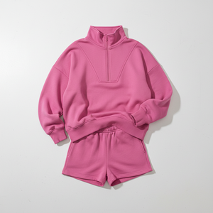 Women Casual Sweat Suit Set Half <b>Zip</b> Pullover Shorts Set Custom Logo Tracksuit - Product Image 4