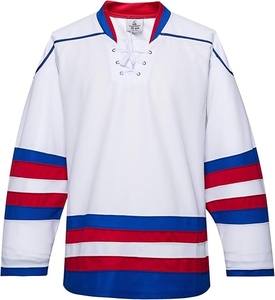 Custom Sublimation Men's Ice Hockey 100% Cotton Polyester Wear Blank Practice Training Jersey <b>White</b> Red Blue Striped Shirt - Product Image 1