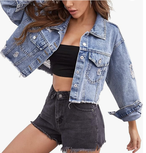Women's Distressed Denim Jacket Cropped Vintage Formal Style <b>Button</b> Front Solid Color Windproof Breathable Eco-Friendly - Product Image 3