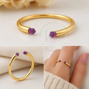 Minimalist Handmade Style Gold Open <b>Ring</b> with Amethyst Bezel <b>Set</b> Raw Gemstone Adjustable Gold Plated Stackable <b>Ring</b> for <b>Women</b> - Product Image 3