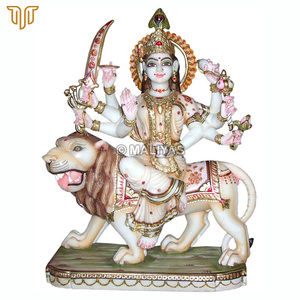 Estatua de la Diosa Sherawali Hecha a Mano en Mármol |   Durga Devi sentada sobre un león con corona de pavo real, espada y loto por MALIYAS Jaipur - Product Image 2