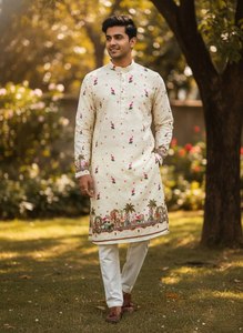 Ensemble Kurta en coton pour homme avec imprimé éléphant, pantalon blanc coupe droite longueur cheville, tenue traditionnelle indienne pour mariage - Product Image 4