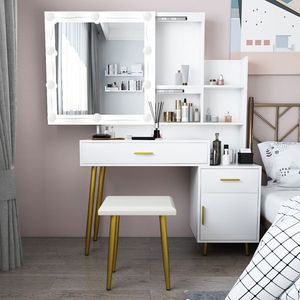 2-Drawer 1-Door 2-Shelf Mirror Cabinet with 3-Light Bulbs Particleboard Triamine Veneer White <b>Dressing</b> Table Set Makeup Vanities - Product Image 3