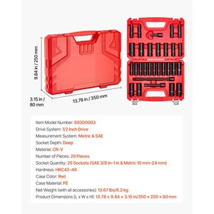 Set di 29 Pezzi per Riparazione Auto, Chiavi a Bussola a Impatto da 1/2 Pollice, Set di Bussole Profonde a 6 Punte, Misure SAE (3/8 1 Pollice) e Metriche (10-24 mm) - Product Image 4