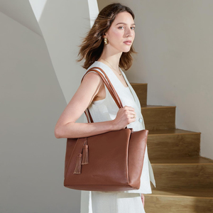 Bolso Tote de Trabajo de Cuero Genuino Marrón, Color Sólido, Parte Superior Abierta, Estilo Minimalista para Uso Diario - Product Image 2