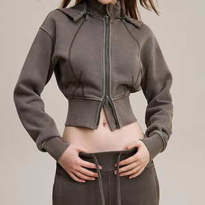 Sweat à capuche court zippé pour femme, manches longues, couleur unie, en tricot de coton et élasthanne, respirant, séchage rapide, décontracté, pour l'automne - Product Image 4