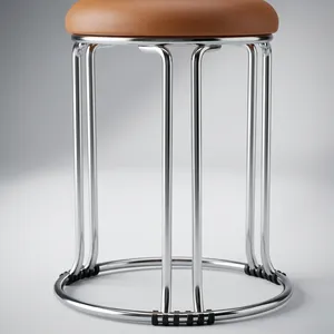 Modern Round Metal <b>Stool</b> with Brown Cushioned <b>Seat</b> Chrome Steel Legs Circular Base for Home Kitchen Bar Office Seating - Product Image 3