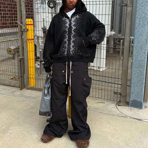 Factory OEM Acid Washed Heavyweight Cotton <b>Hoodie</b> <b>Mens</b> Vintage Boxy Fit Zip-Up Sunfaded Rhinestone <b>Hoodie</b> - Product Image 3