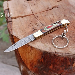 Cuchillo de bolsillo de acero de Damasco al por mayor, mini herramienta multiusos de madera, sacacorchos portátil, cuchillo plegable, logotipo personalizado, abridor de botellas EDC profesional - Product Image 1