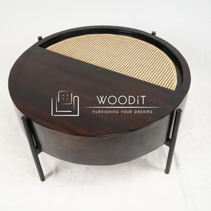 Table basse ronde contemporaine en rotin tressé avec pieds en métal, design moderne pour salon et bureau - Product Image 1