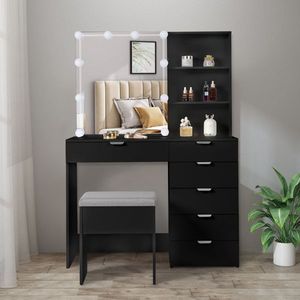 Modern Design <b>Dressing</b> Table Set 6-Pump Triamine Veneer 2-Shelf Mirror Cabinet with 3-Tone Light Bulbs Black for Bedroom - Product Image 1
