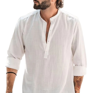 Camisa Henley de Lino y Algodón para Hombre con Logotipo Personalizado, Manga Larga, Cuello Mao, Corte Holgado Informal, Color Sólido - Product Image 3