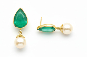 Pendientes clásicos chapados en oro de plata 925 con cristal verde talla pera y perla de imitación para mujer, joyería de fiesta - Product Image 2