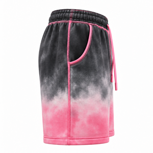 Wholesale <b>Men</b> Ombre Tie Dye <b>Fleece</b> <b>Shorts</b> Contrast Topstitch Elastic Waist Drawstring Side Pockets Back Patch Pocket OEM Apparel - Product Image 3