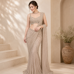 Sari Tradicional de Diseño Beige Champán, Bordado a Mano, con Lentejuelas y Cuentas, para Novia, Boda, Fiesta, Largo hasta el Suelo, Nuevo - Product Image 1