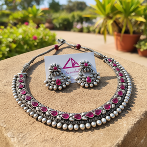 Oxidised Floral <b>Necklace</b> Set with <b>Ruby</b> and Zircon Embellishments - Product Image 3