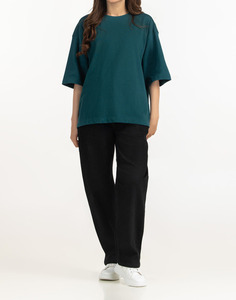 T-shirts amples en coton pour femmes, couleur vert-bleu foncé, col rond rouge, pour impression personnalisée, respirants - Product Image 6