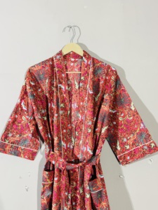 <b>Red</b> Floral Print Cotton Kimono Robe Women Handmade Lightweight Bathrobe with <b>Belt</b> - Product Image 1