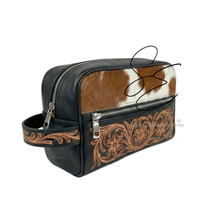New Black <b>Tooled</b> Leather Cosmetic <b>Bag</b> Wester Cowboy Hair-On Hide Travel <b>Kit</b> Vintage Style Makeup Pouch Organizer Unisex Dopp <b>Kit</b> - Product Image 2