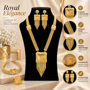 Parure de collier long à pampilles carrées superposées plaqué or 24 carats pour femme, avec boucles d'oreilles, bracelet et bague assortis en cuivre et laiton, pour fiançailles et mariage - Product Image 6
