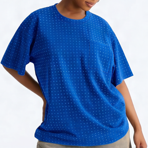 Camiseta de Verano de la Mejor Calidad para Mujer, Talla Grande, Azul con Diseño de Lunares, Cuello Redondo, Manga Corta, con Bolsillo, de Algodón Jersey, Corte Holgado - Product Image 1