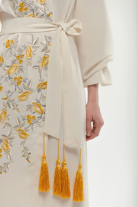 Cotton Embroidered <b>Boho</b> Wrap Maxi <b>Dress</b> Women Ivory Floral Long Sleeve Vintage Ethnic <b>Summer</b> <b>Dress</b> - Product Image 2