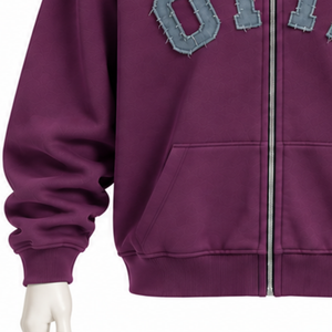 Plum Mens Full <b>Zip</b> <b>Hoodie</b> Chenille Letter Patch Heavyweight Fleece Oversized Casual Streetwear Sweatshirt with Kangaroo <b>Pockets</b> - Product Image 6