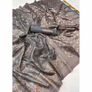 DESIGNER SOIE CUIVRE ZARI TISSER TRAVAIL SAREE AVEC BLOUSE INCOUSÉE GRIS - Product Image 1