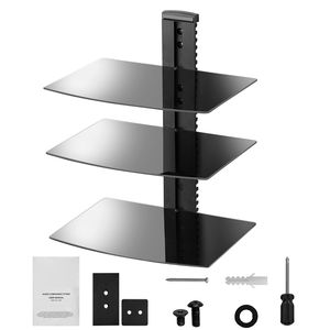 Mensole Galleggianti in Vetro Rinforzato, Supporto a Parete per TV, Centro di Intrattenimento, Capacità 18 Libbre, Ripiano per Lettore DVD - Product Image 1