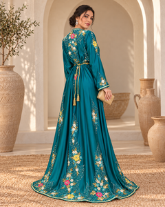 Caftán Marroquí de Terciopelo Color Verde Azulado con Bordado Sólido, Mangas Largas, Cinturón con Filigrana Dorada, Largo MAXI, para Fiestas de Invierno, Mishkat Couture - Product Image 2