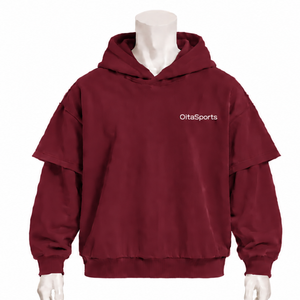 Sweat à capuche double couche bordeaux, coupe oversize, manches superposées, épaules tombantes, épais, style streetwear décontracté - Product Image 1