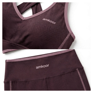 ชุดโยคะผู้หญิง Amkoor แบบ 2 ชิ้น เสื้อชั้นในกีฬาแบบ Racerback กางเกงเลกกิ้งเอวสูงแบบเต็มตัว สีพื้น แต่งขอบตัดกัน ผ้าสแปนเด็กซ์ไร้ตะเข็บ - Product Image 6